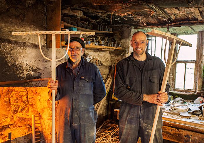 John Rudd (left) and son Graeme Rudd; 3rd and 4th generations of Rudd’s Rake Factory, Cumbria.